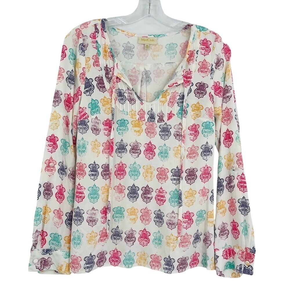 ModCloth Blouse Womens XS White Multicolor Medallion Pintuck Tie Neck Rayon
